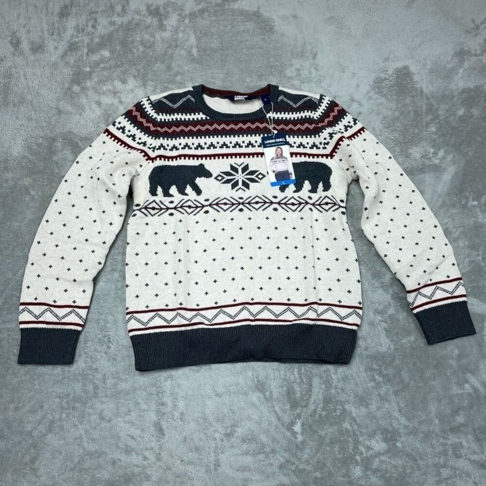 Lands End Womens Bear Fair Isle Sweater Size L Cream/Gray New a0785